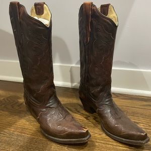 Brown leather cowboy boots